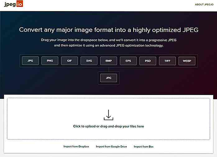 Minifiser og optimaliser eventuelle bildeformater til JPG Online med Jpeg.io